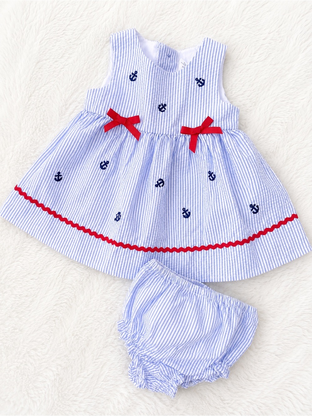 Starting Out 3M Blue Seersucker Nautical Anchor Dress & Bloomers Set